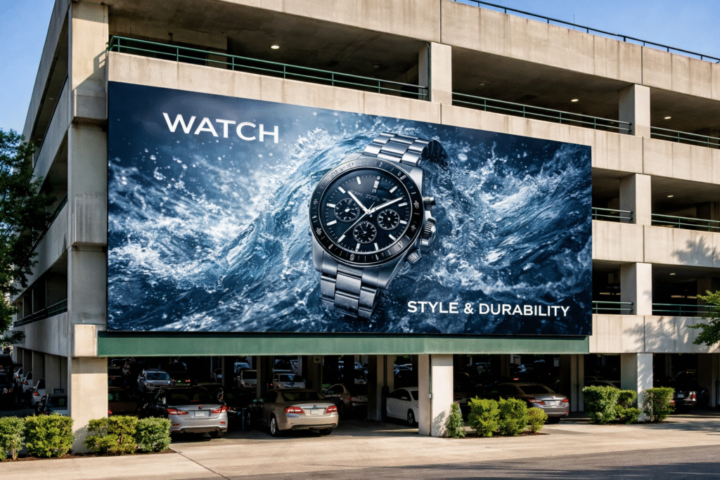 Printed billboard face on a parking structure, produced on UltraFlex Billboard Select Eclipse FL frontlit substrate