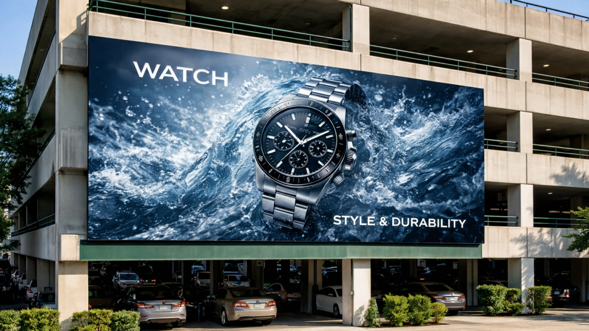 Printed billboard face on a parking structure, produced on UltraFlex Billboard Select Eclipse FL frontlit substrate