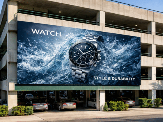 Printed billboard face on a parking structure, produced on UltraFlex Billboard Select Eclipse FL frontlit substrate